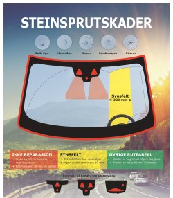 Illustrasjon av en frontrute som viser hvor man kan reparere steinsprutskade.