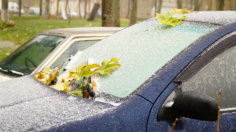 Bil dekket med is og løv.